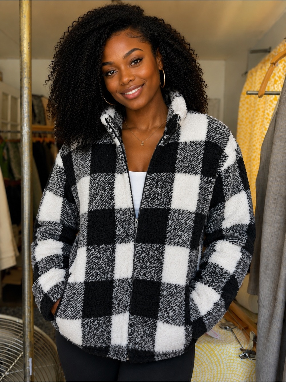 Buffalo Check Sherpa Jacket - Black & White Teddy Coat